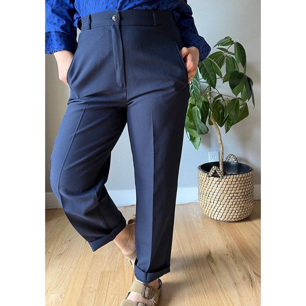 vintage navy blue high waisted trousers pants pockets‎ old money size 8 petite - Picture 6 of 10